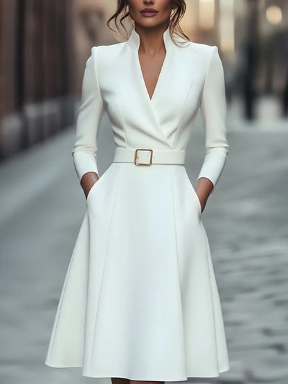 Sizes to 2XL, Knee Length Dress With Belt, Pockets, Waist Cinched, V-neck, Long Sleeves, comes in Red, White, and Black
