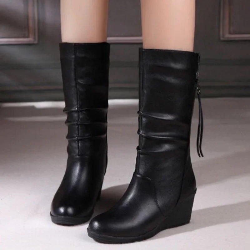 Boots with Wedged Heels, Thick Warm Wool Lining, Mid-calf Snow Boots