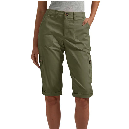 Women's long capri cargo shorts,  Button and Zipper Closure, 6 Colors in Sizes to 2XL