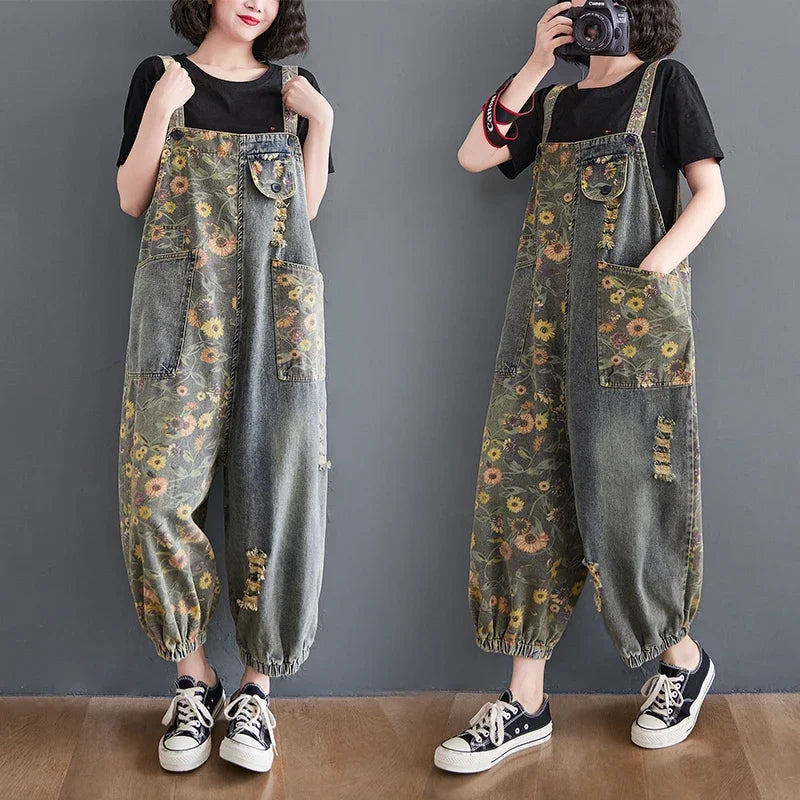 Sizes to 2XL Casual Print Floral Denim Jumpsuits Loose Wide Leg Button-Up Straps Baggy Pants Loose Elastic at Ankles