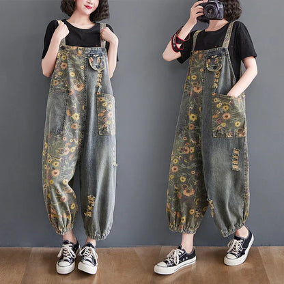 Sizes to 2XL Casual Print Floral Denim Jumpsuits Loose Wide Leg Button-Up Straps Baggy Pants Loose Elastic at Ankles