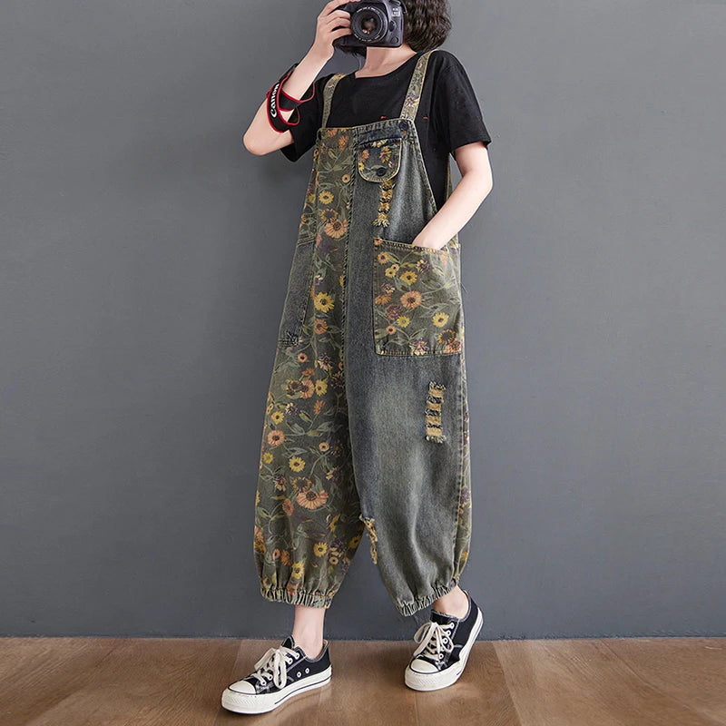 Sizes to 2XL Casual Print Floral Denim Jumpsuits Loose Wide Leg Button-Up Straps Baggy Pants Loose Elastic at Ankles
