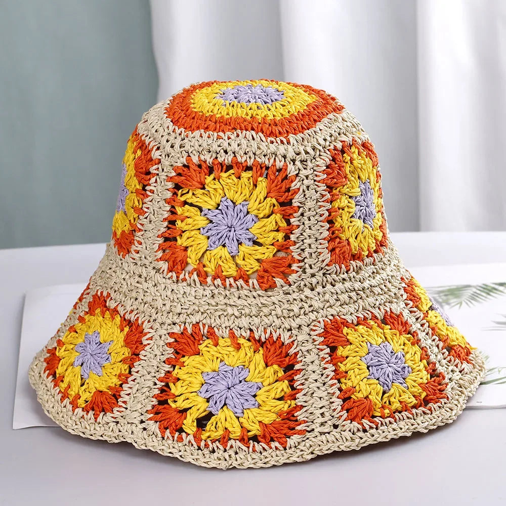 Bright Colored Floweed Crocheted Fisherman Hat