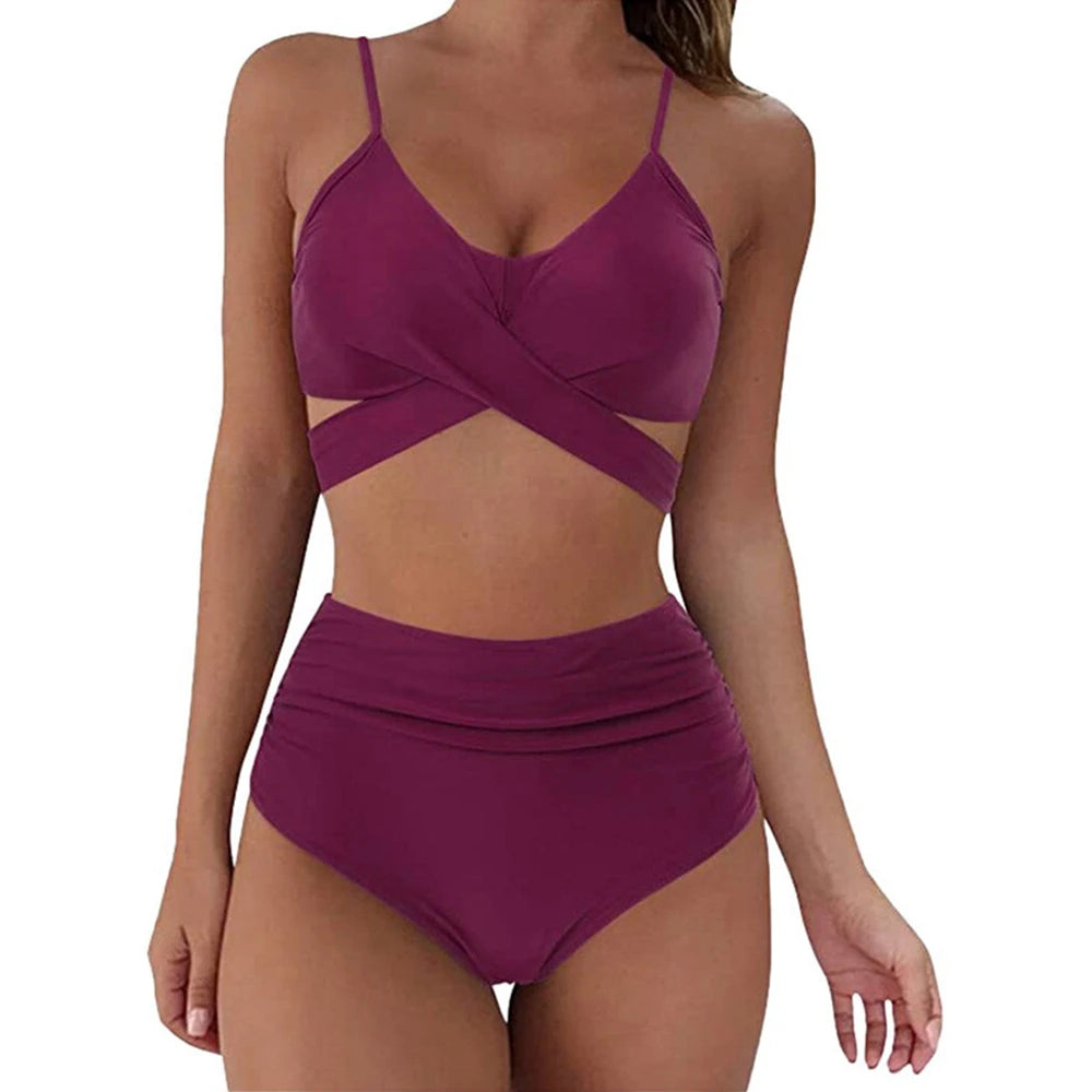 Sizes to 2XL, 12 Colors, Slimming Bikini Set, High Waisted Swimwear, 2 Pieces