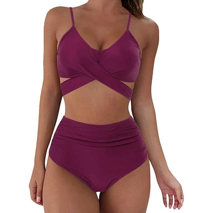 Sizes to 2XL, 12 Colors, Slimming Bikini Set, High Waisted Swimwear, 2 Pieces
