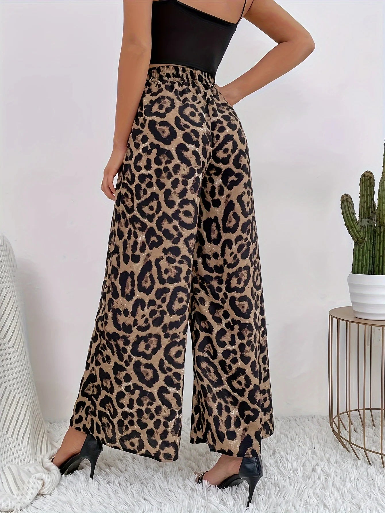 Leopard Print, Casual Straight, Wide Leg Pants, Elastic Waistband
