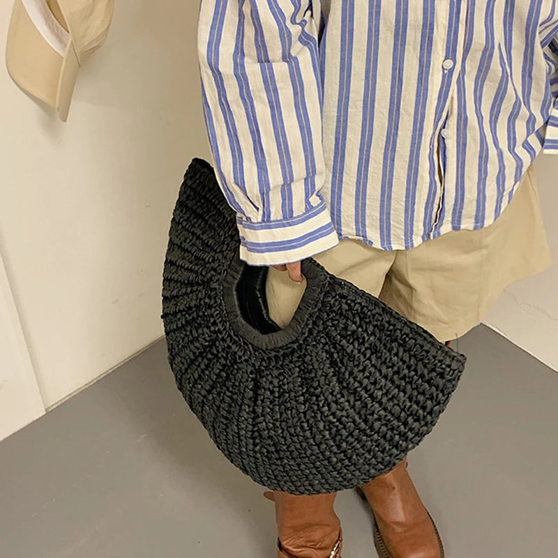 Straw Half-moon Rattan Handbag Handmade Handle Kintted Tote Bag