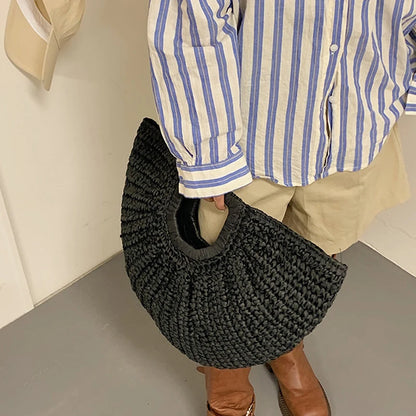 Straw Half-moon Rattan Handbag Handmade Handle Kintted Tote Bag