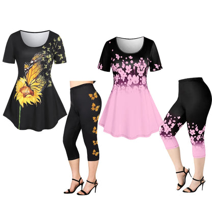Plus Sizes to 4XL, 3D Printed Outfit, Floral Graphic Top and Matching Capri Leggings