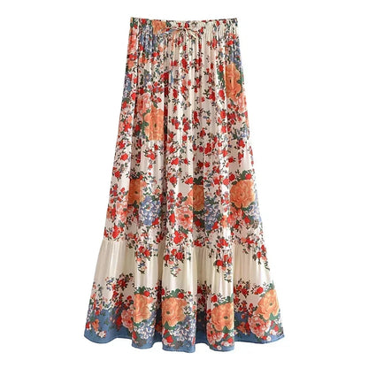 Vintage Chic Bohemian Floral Print  Hippie Skirt High Elastic Waist Maxi Skirt