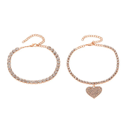 Double Heart Anklet with Crystal Cubic Zirconia Chain, Ankle Bracelet, Foot Jewelry