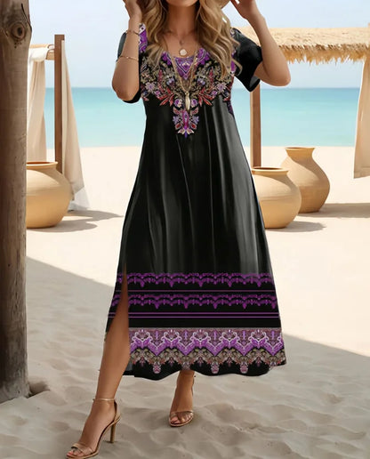 Sizes to 5XL, Ethnic Bohemian floral print casual short-sleeved loose fit midi dress