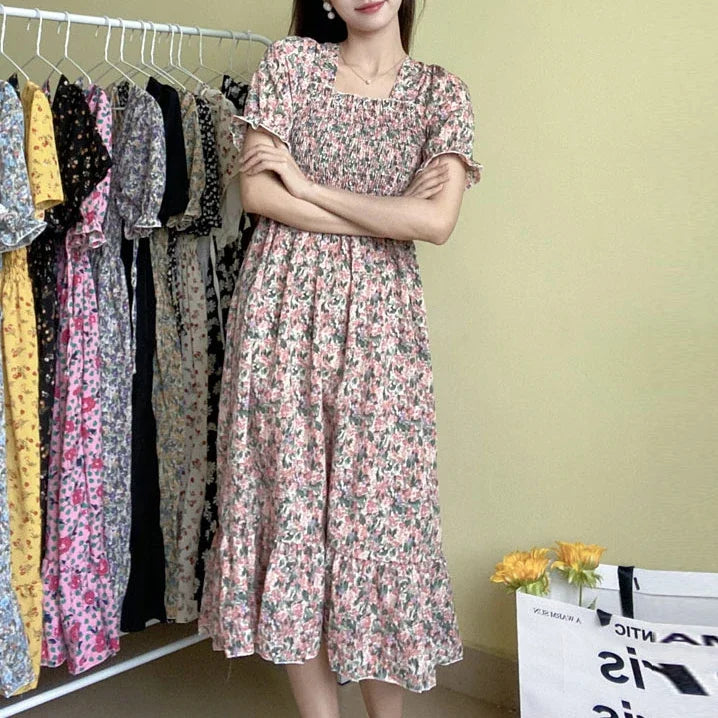 14 Patterns Elastic Waist Chiffon Dress  Short Sleeve Pleated A-line Dresses