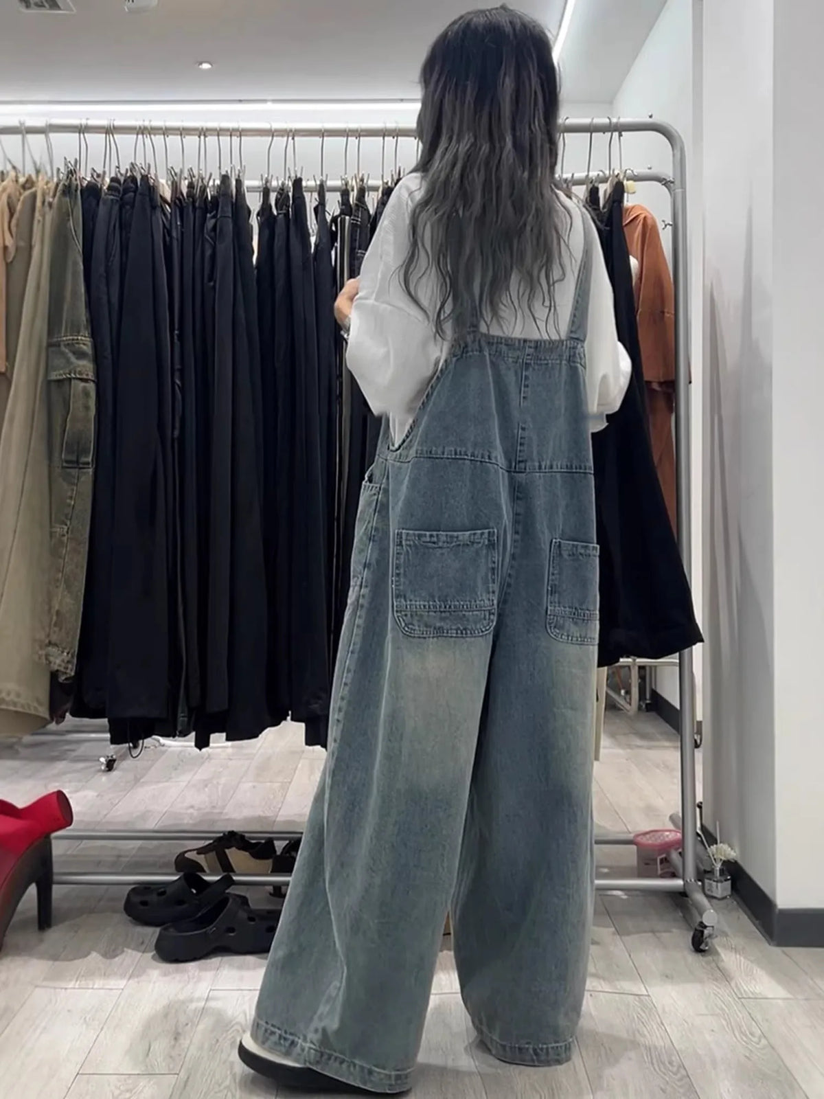 Retro Light Wash Denim Overalls for  Loose High Waist Baggy Leg Jumpsuit with Big Pockets