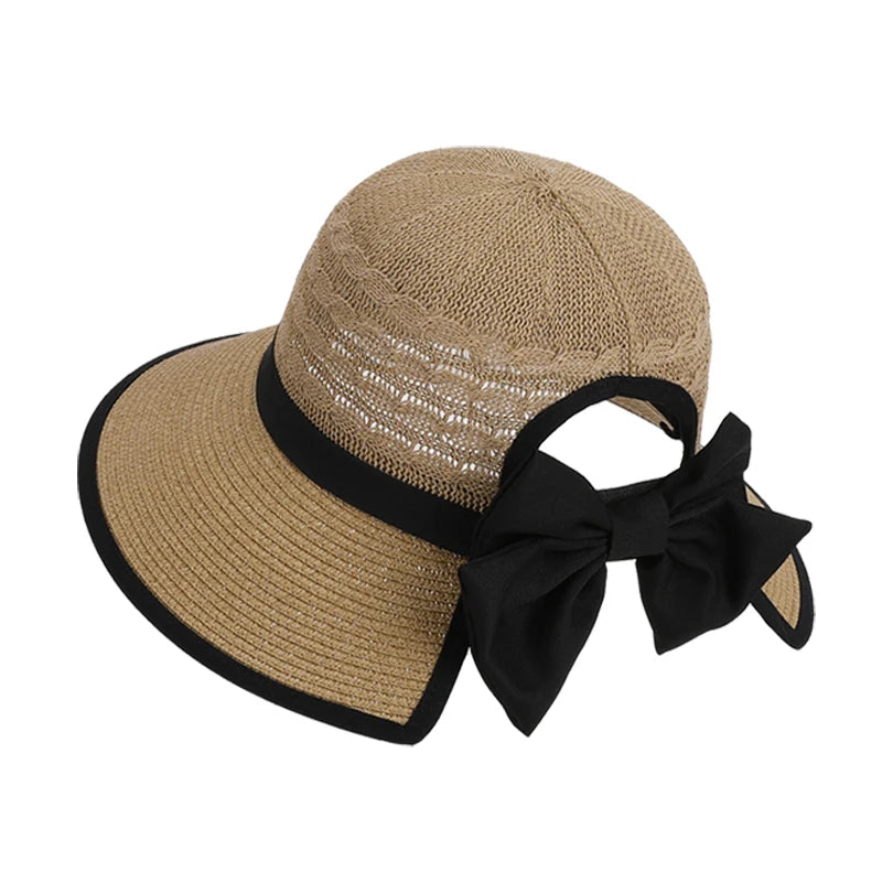Bow-tied Straw Sun Hat with Ponytail Hole  in 3 Colors