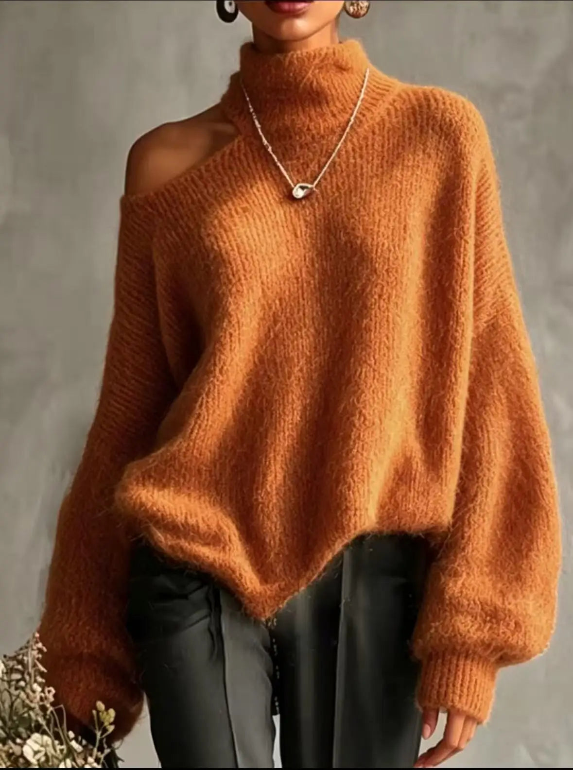 Off-Shoulder High-Collar Loose Knit Pullover, Long Sleeve, 10 Colors in sizes to 2XL