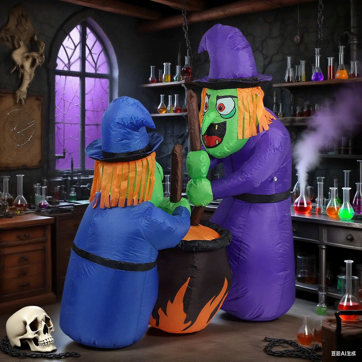 Two 5Ft Halloween Inflatable Witches and Cauldron with Built-in LEDs