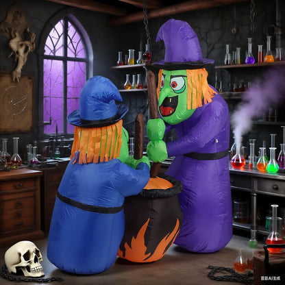 Two 5Ft Halloween Inflatable Witches and Cauldron with Built-in LEDs