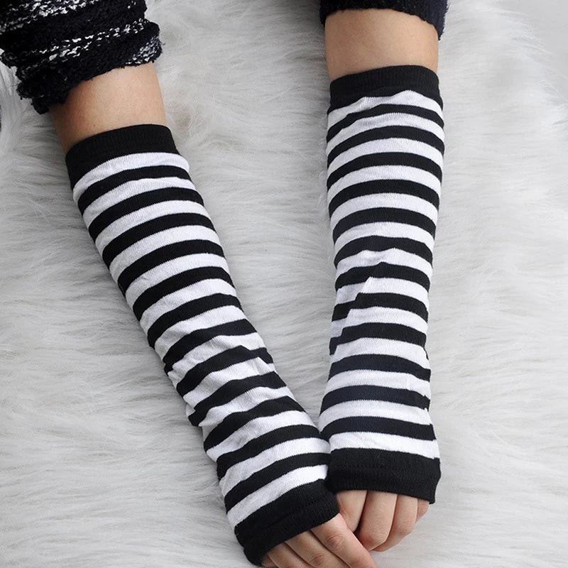 Winter Warm Long Sleeve Gloves Fingerless Stripe Knitted Elbow Elastic Outdoor Fashion Warm Wrist and Arm Glove in 8 colors