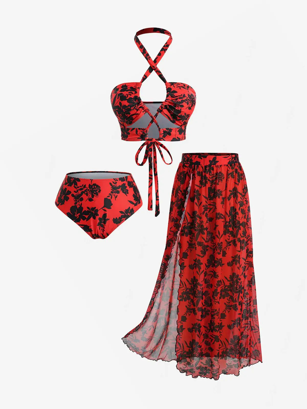 Sizes to 4XL, Red & Black Floral Tankini, 3-Piece with Skirt, Halter Neck, High Waist, Removable Padding, High Stretch Fabric