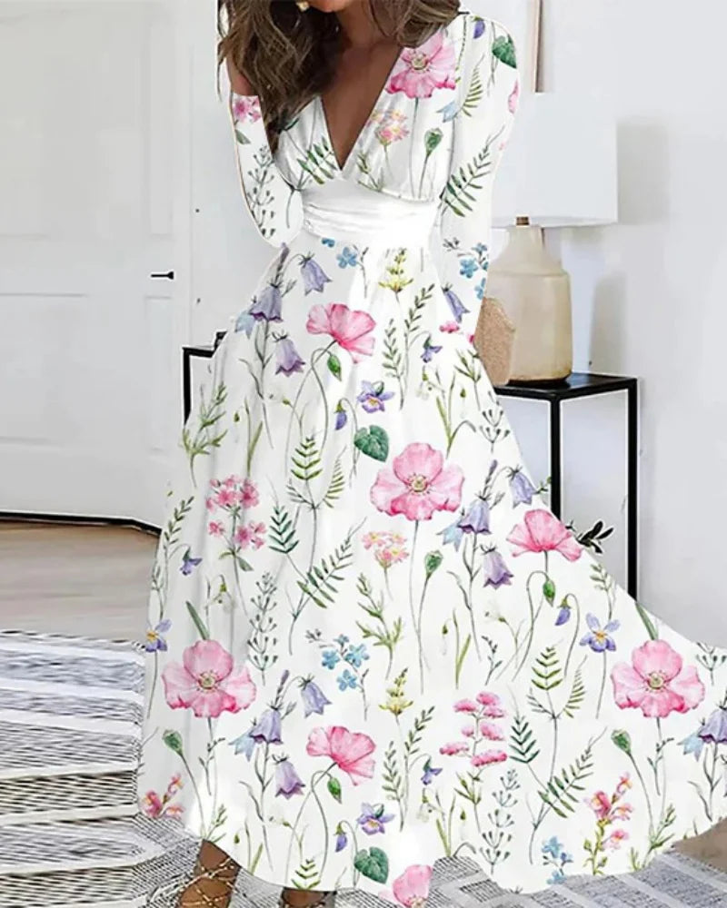 Bohemian Floral Print Deep V Neck Long Sleeve High Waist Flowy Maxi Dress With Elegant Botanical Pattern