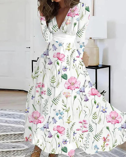 Bohemian Floral Print Deep V Neck Long Sleeve High Waist Flowy Maxi Dress With Elegant Botanical Pattern