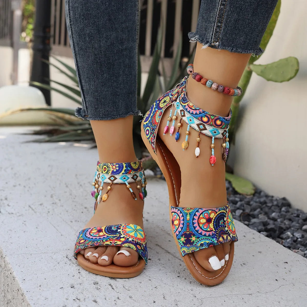 Beaded Romanesque Flat Bottom Women's Sandals Back Zipper Bohemian Flats