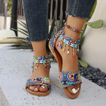 Beaded Romanesque Flat Bottom Women's Sandals Back Zipper Bohemian Flats