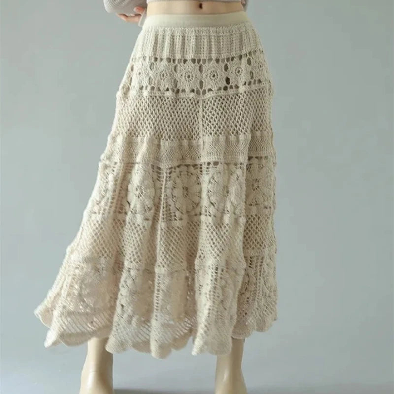 French Chic Retro Boho Crochet Maxi Skirts Women Openwork Hollowed Out Lace Elastic Waist