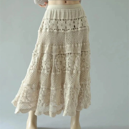 French Chic Retro Boho Crochet Maxi Skirts Women Openwork Hollowed Out Lace Elastic Waist