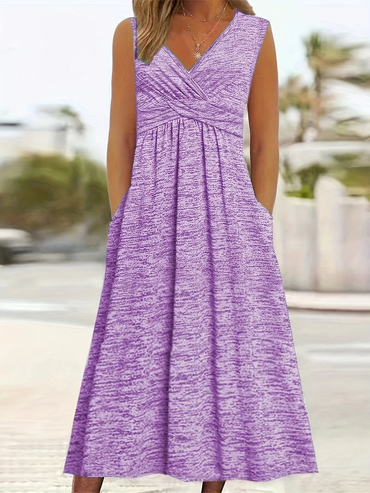 Sizes to 6 XL, Casual V-Neck, Empire Waist, Short Sleeve, Breathable, A-Line Dress with Pockets
