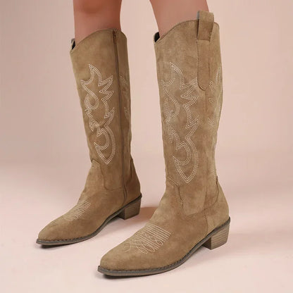 Embroidered Western Cowgirl Knee Boots with Pointed Toes and Thick Heels, High Knee Boots, PU Leather in Light and Medium Brown, Beige, and Pink