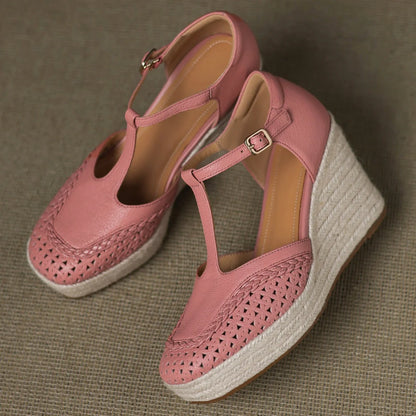 Genuine leather Boho Narrow t-strap Hemp wedge Platform sandals Square toe