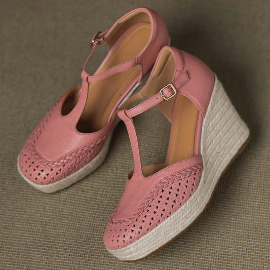 Genuine leather Boho Narrow t-strap Hemp wedge Platform sandals Square toe