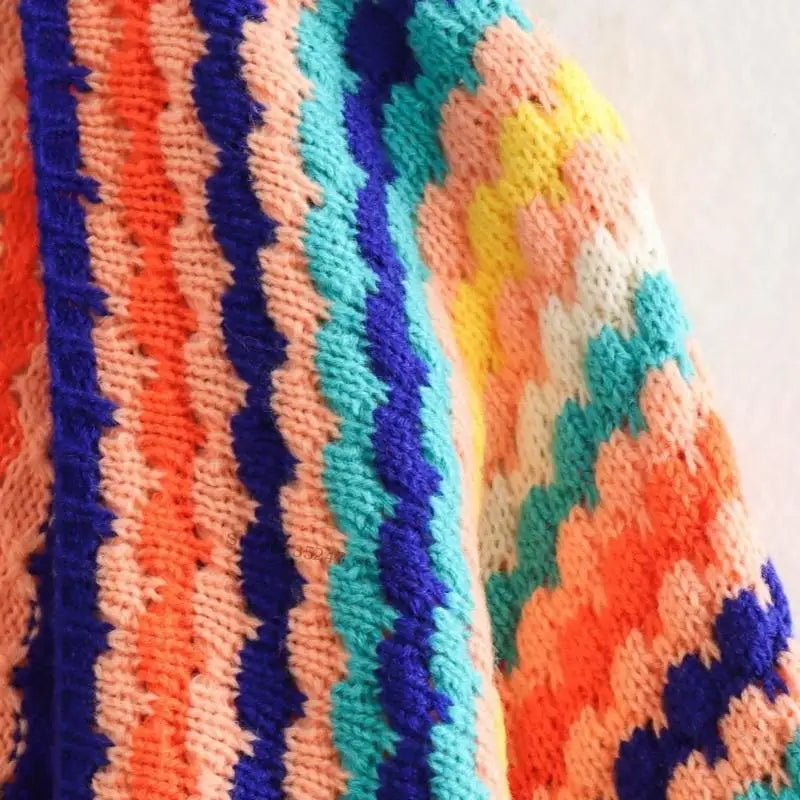 Rainbow Striped Knit Open Front Cardigan Long Sleeved Colorful Loose Knit Outerwear