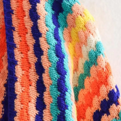 Rainbow Striped Knit Open Front Cardigan Long Sleeved Colorful Loose Knit Outerwear