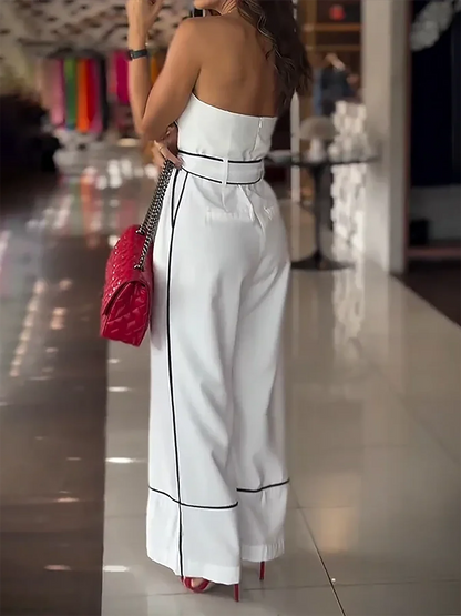 Chic Strapless Jumpsuit with Adjustable Waist Tie - White Wide-Leg Pants, Perfect for Spring/Summer/Fall