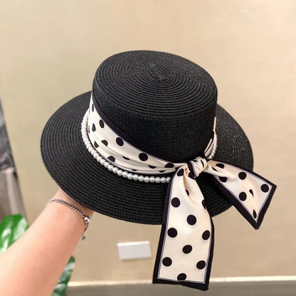 Straw Hat with Polka Dot Ribbon, Pearl, and  Wide Brim Sunshade