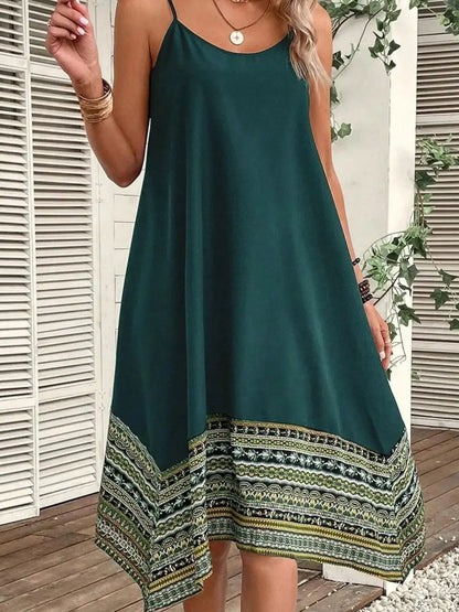 Boho Cami Dress, Casual Adjustable Spaghetti Straps