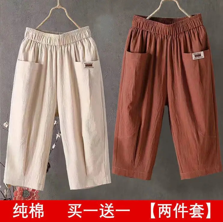 Cotton Linen Cropped 3/4 Length Pants, Loose, Linen with Elastic Waist and Pockets