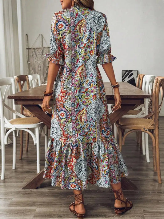 Bohemian Print Midi Dress with long string tassel tie Neck, Ruffle Hem and Flounce Sleeves Sizes to XL