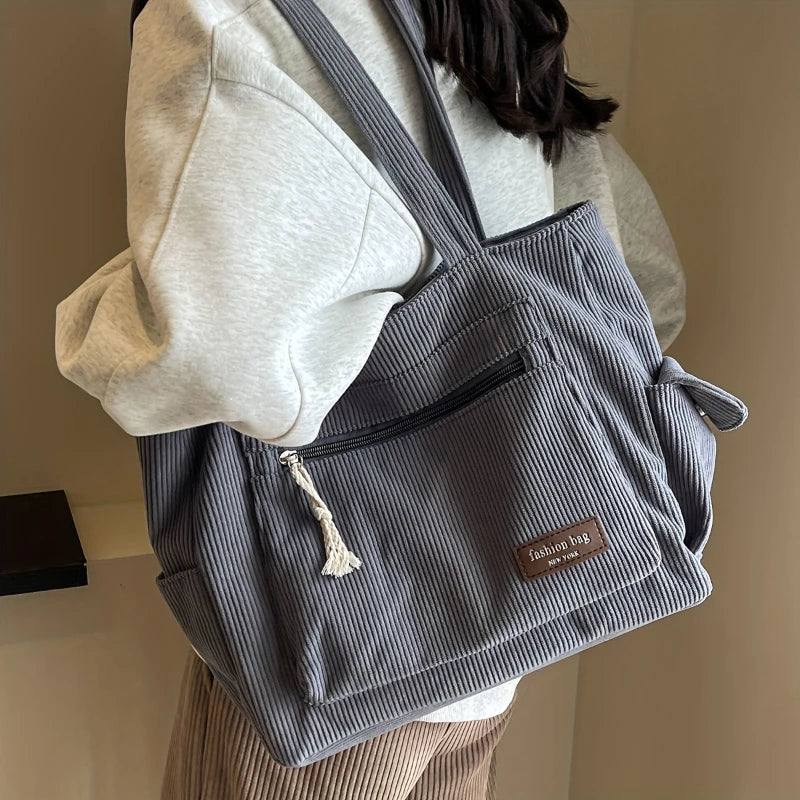 Simple Corduroy Tote Bag, Solid Color Shoulder Bag, Retro Multi Pockets