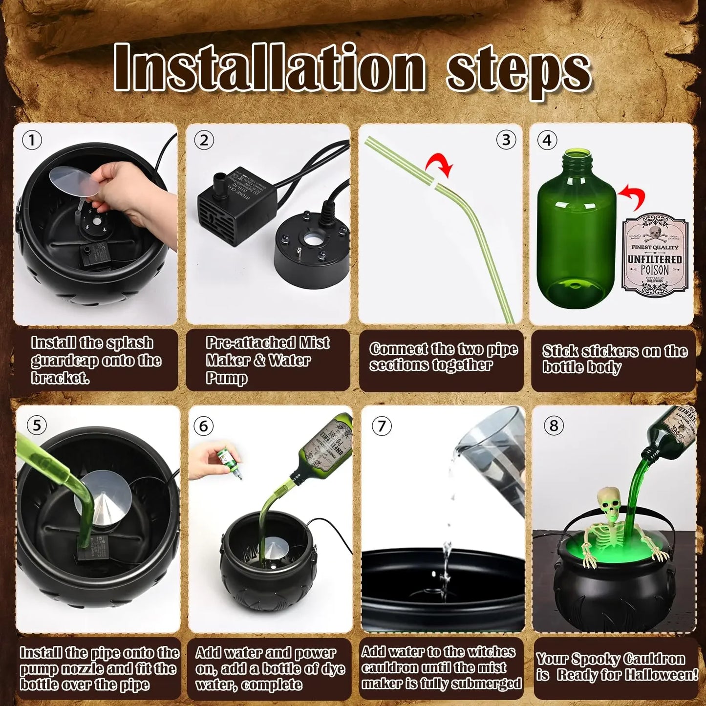 1 Set. Halloween Witch Cauldron with LED Light & Fog Mist Maker.  Skeleton in Cauldron for Spooky Hocus Pocus Decoration