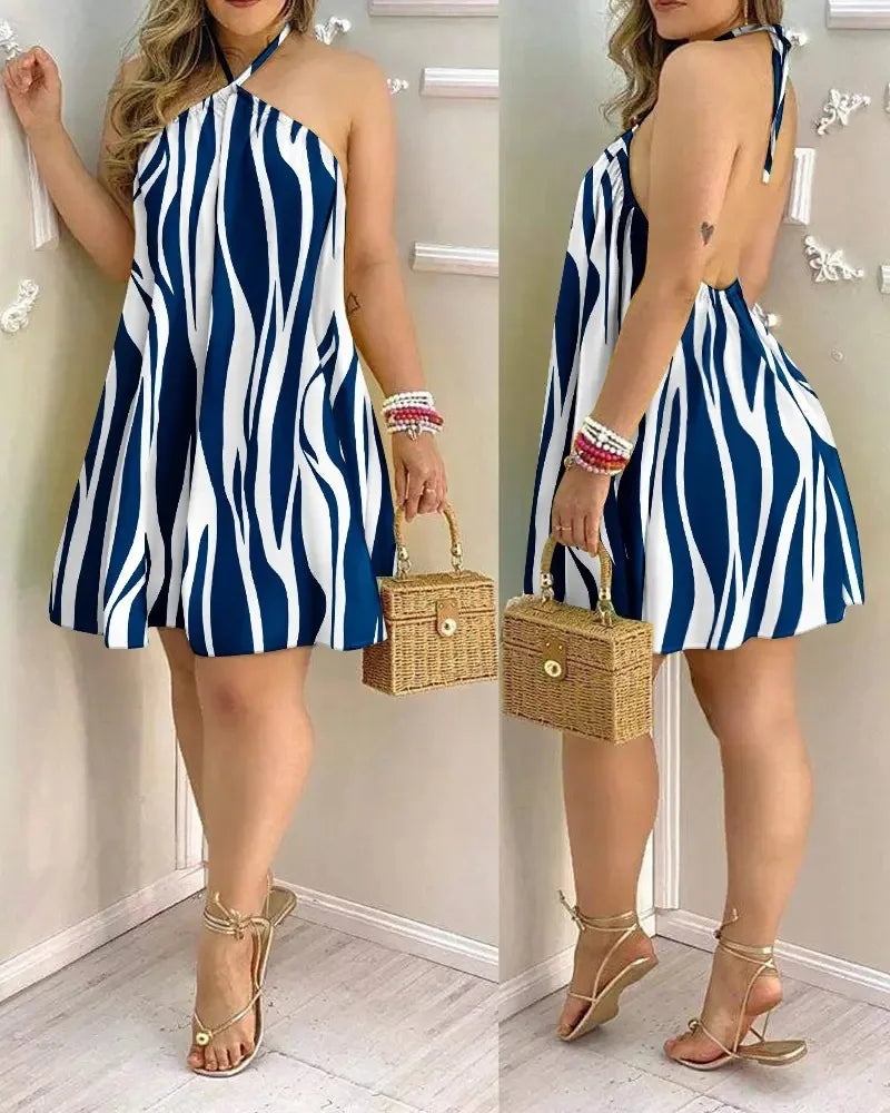 20 Different Designs, Boho Floral Print Backless Halter-Neck Dress