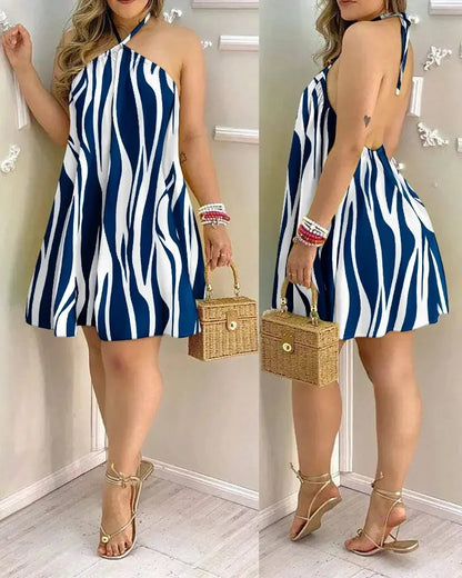 20 Different Designs, Boho Floral Print Backless Halter-Neck Dress