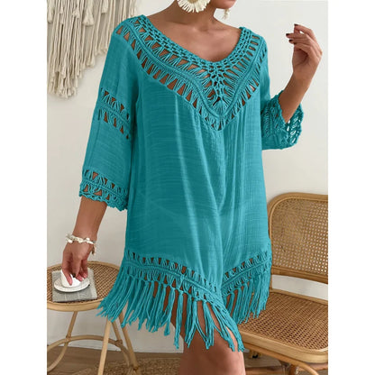Sizes to 4XL Boho Bamboo cotton long-sleeved crochet dress with tassel decoration,