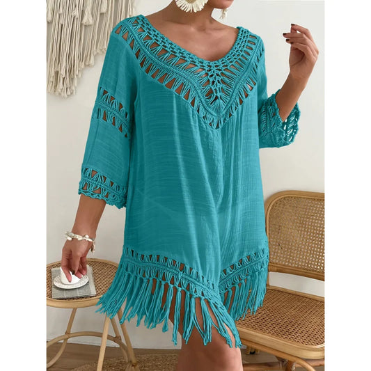 Sizes to 4XL Boho Bamboo cotton long-sleeved crochet dress with tassel decoration,