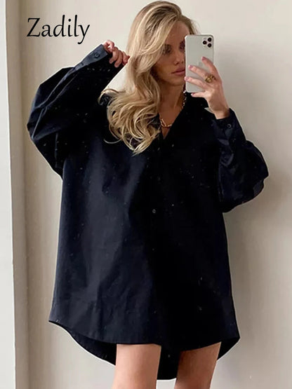 Minimalist White Long Oversized Full Sleeve Button-Up Blouse in Black and White