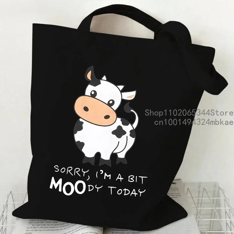 "Sorry I'm A Bit Moody Today" Canvas tote Bag Cartoon Cow Graphic Casual Handbag Side Bag