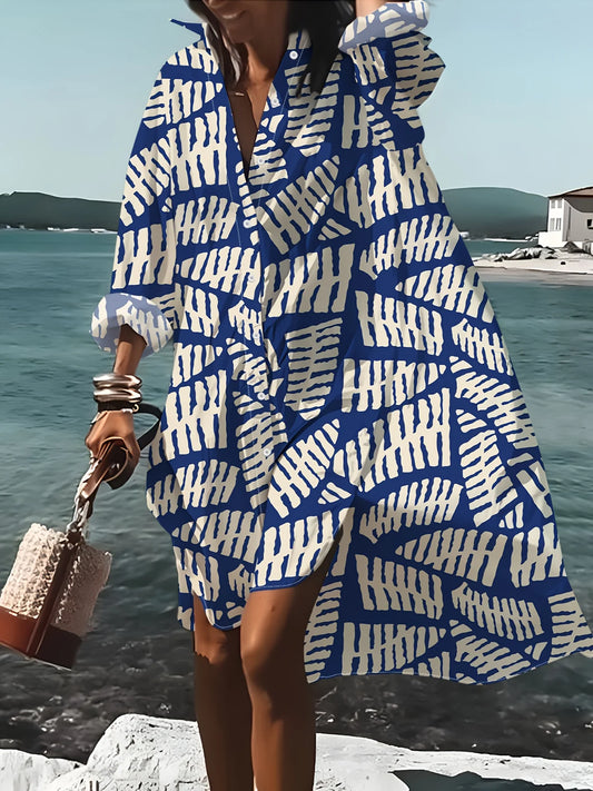 Sizes to XXL Long Sleeve Casual Dress, Blue and White Geometric Print, Button Down A Line Dress